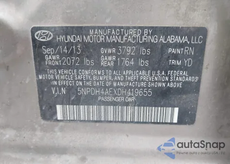 2013 Hyundai Elantra Gls from USA, damaged, VIN 5NPDH4AEXDH419655